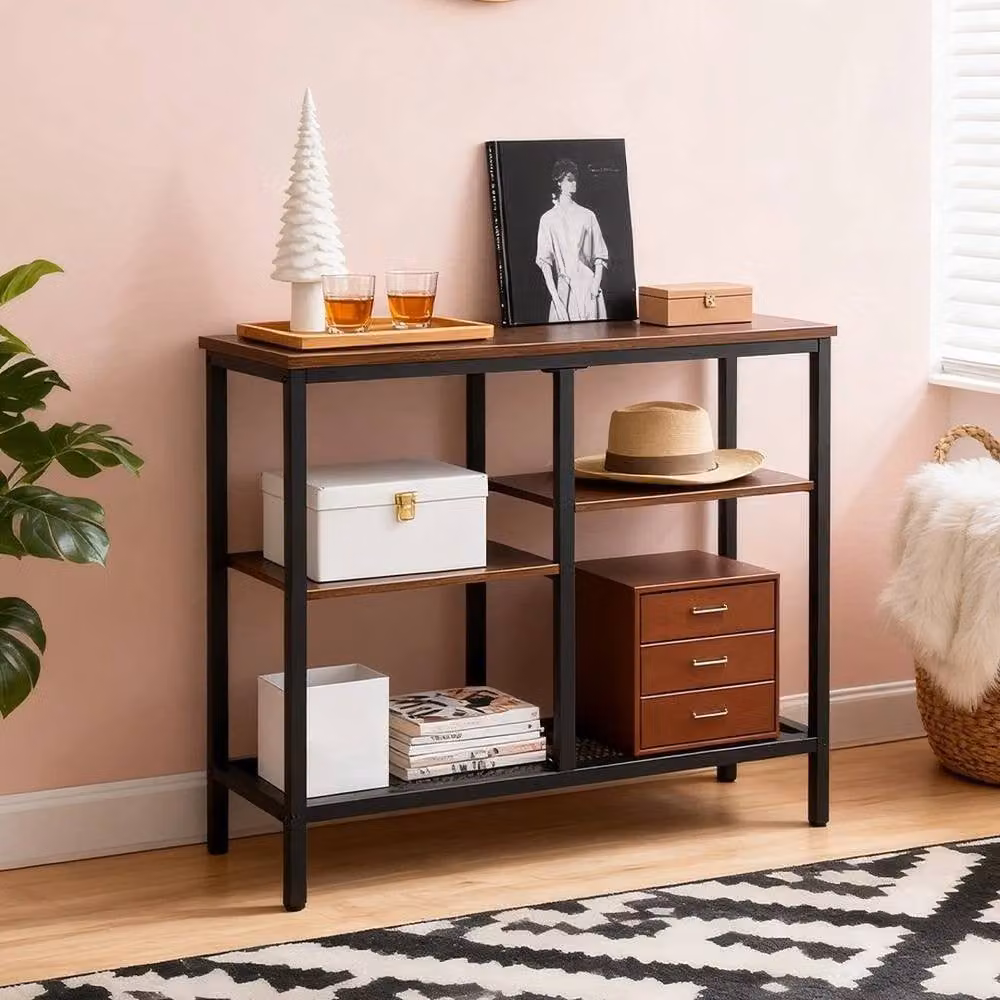 KORVIXA Industrial 4-Tier Narrow Console Sofa Table in Brown – 5