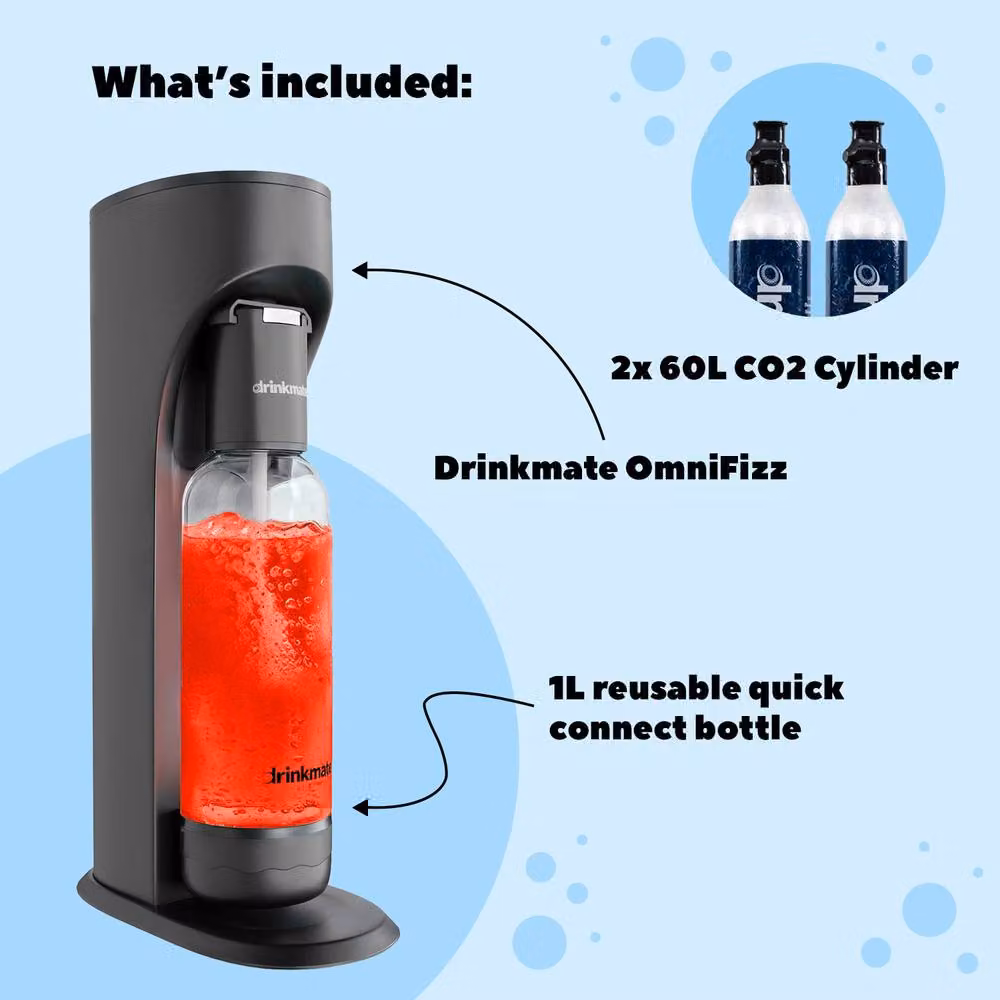 Drinkmate OmniFizz Soda Maker Sparkling Water Machine with 2x 60L CO2 Cylinders in White – 6