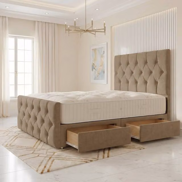 Somnior Ziggy Linen Divan Bed with 2 Drawers, Headboard and Footboard, Brown, W/D/H: 200 x 160 x 28 cm, Super King Size