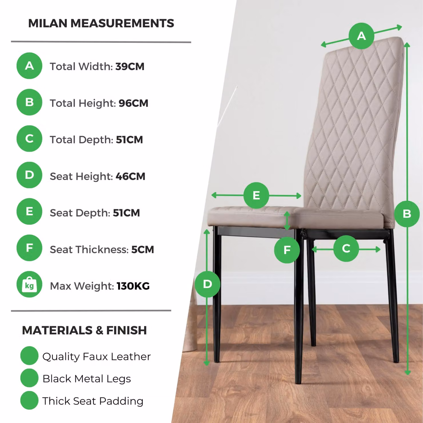 FurnitureboxUK Set of 4 Milan High Back Diamond Pattern Faux Leather Dining Chairs with Black Metal Legs in Beige – 3