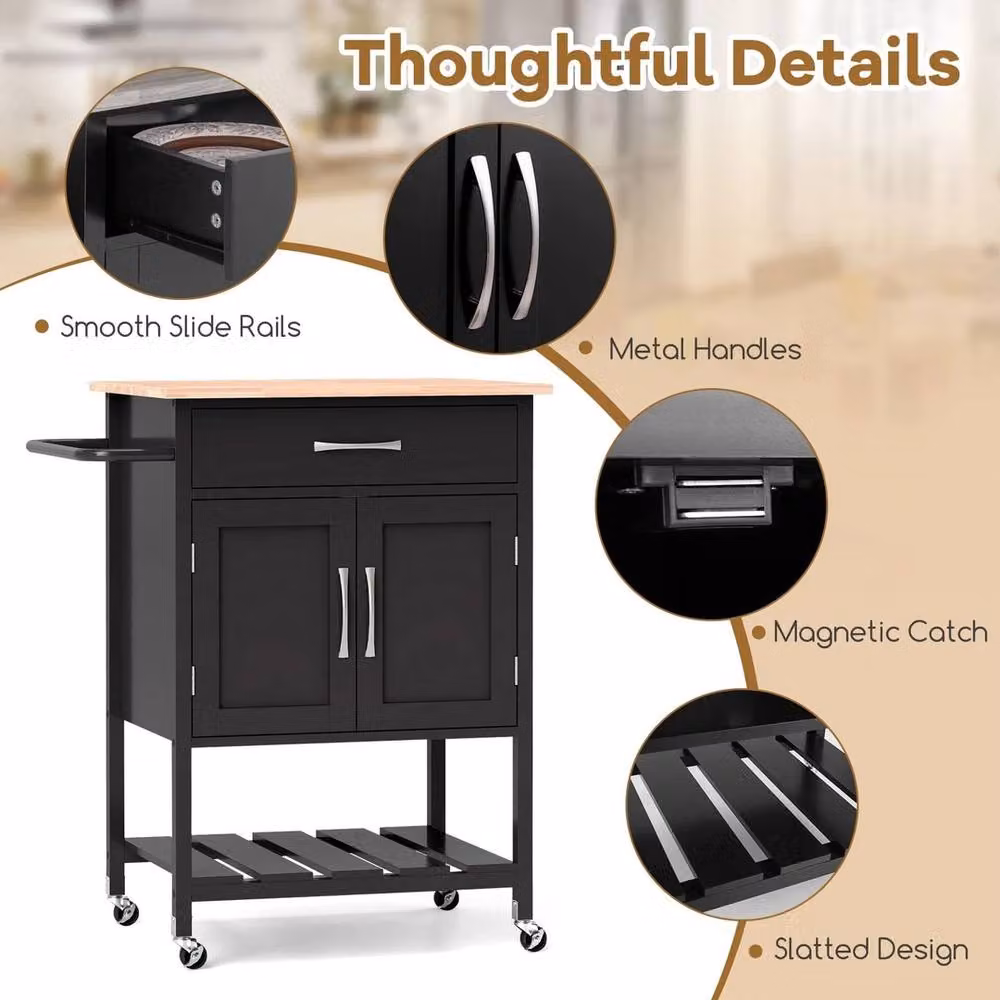 VOGREX Modern Wheeled Kitchen Island Cart with Drawer in Black and Rubberwood – 4