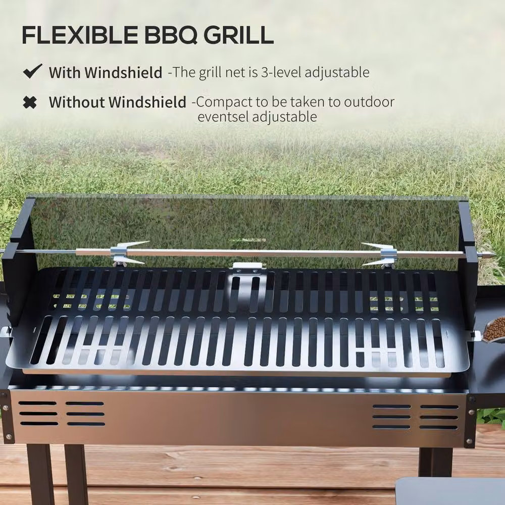 Rolipo Black Charcoal BBQ Rotisserie Grill Roaster with Side Shelves and Cart – 6