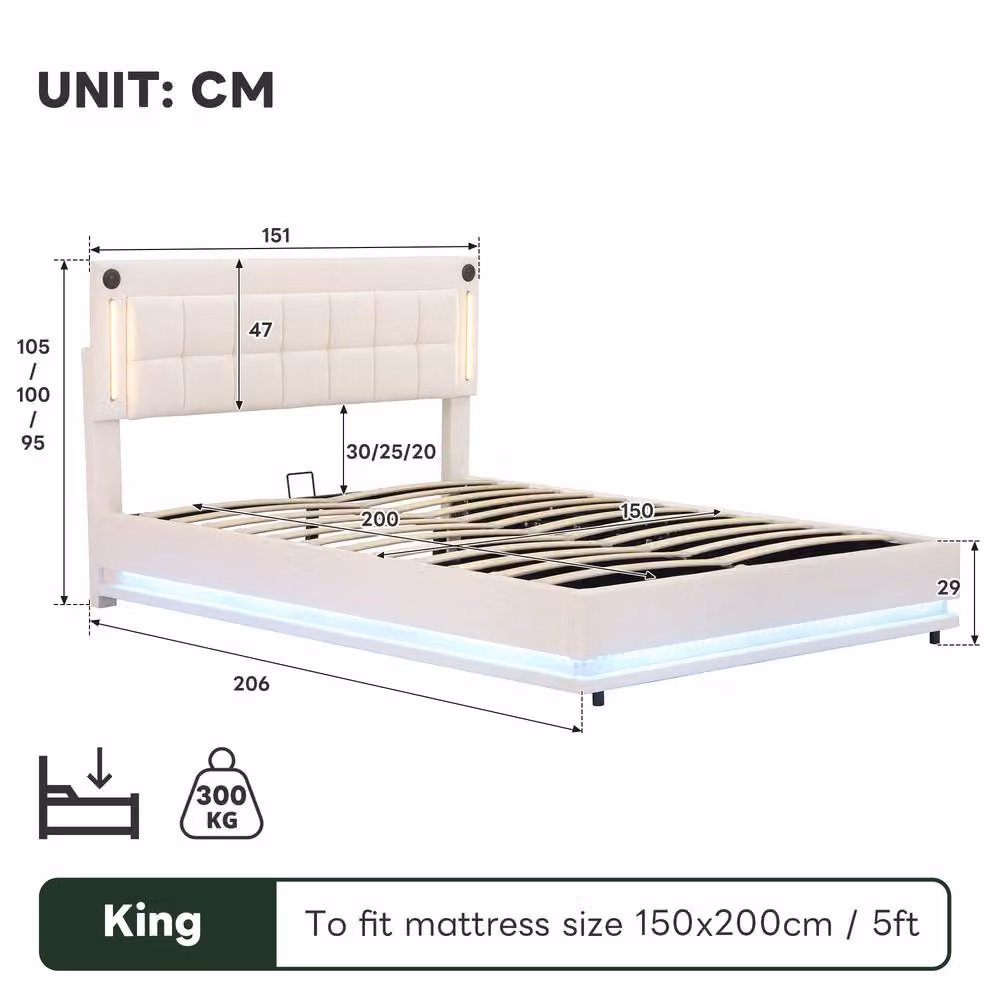 Rolipo King Size Velvet Hydraulic Storage Bed with LED Lighting and USB Ports in Beige, W/D/H: 180 x 200 cm – 5