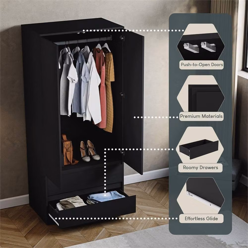 FORGEVIO Modern Black Matt 2 Door 2 Drawer Wardrobe with Integrated Drawers and Hanging Rod – 4