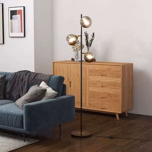 HOMCOM 3-Light Tree Floor Lamp with Glass Sphere Shades in Grey and Black, Height: 162 cm