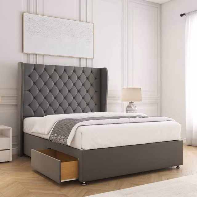 BSSPOKE Amelia Super King Divan Bed Set with 2 Drawers, 54 inch Headboard and Mattress in Grey Plush Velvet, W/D/H: 200 x 160 x 50 cm