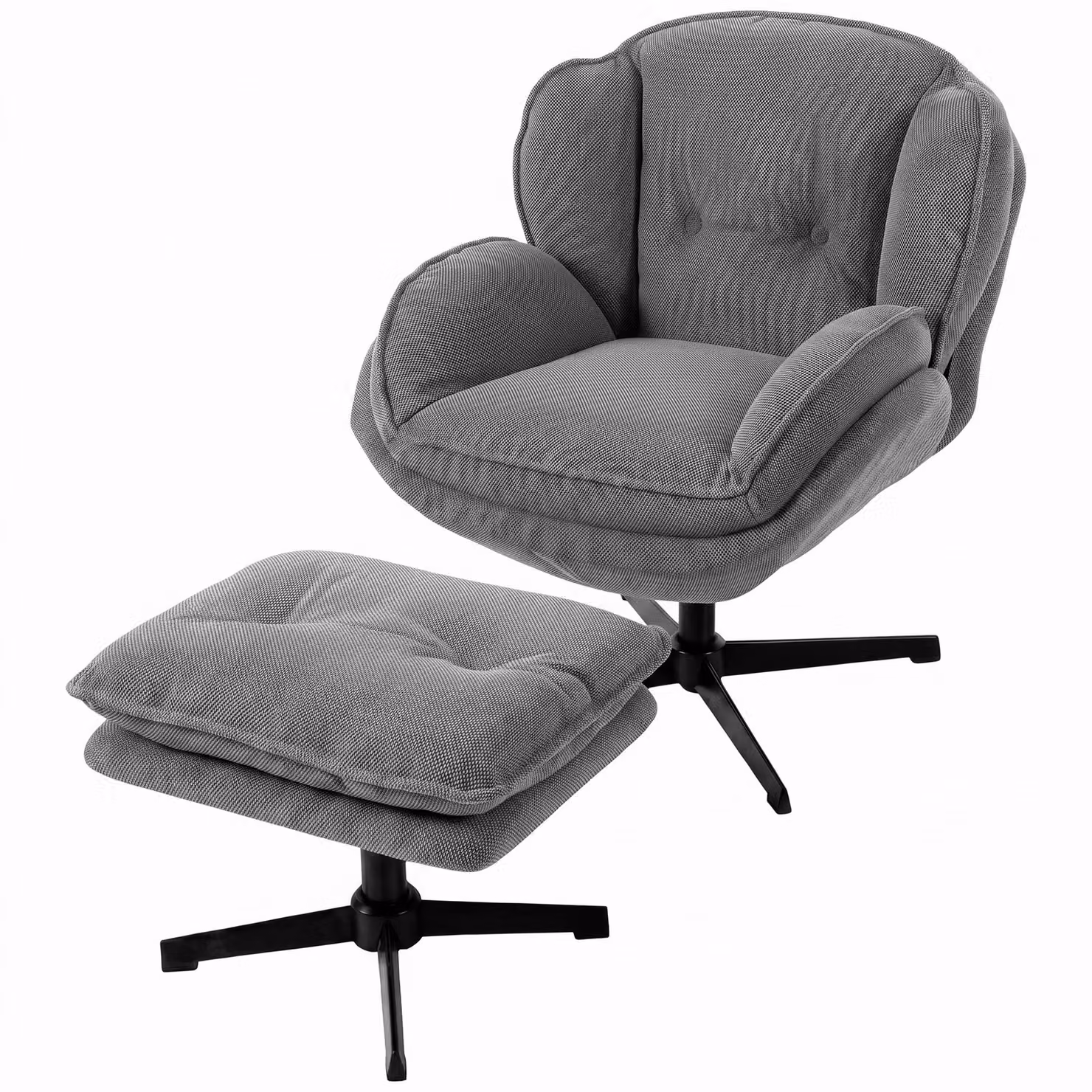 HOMCOM Grey Chenille Swivel Armchair with Adjustable Footstool and Thick Cushion – 6