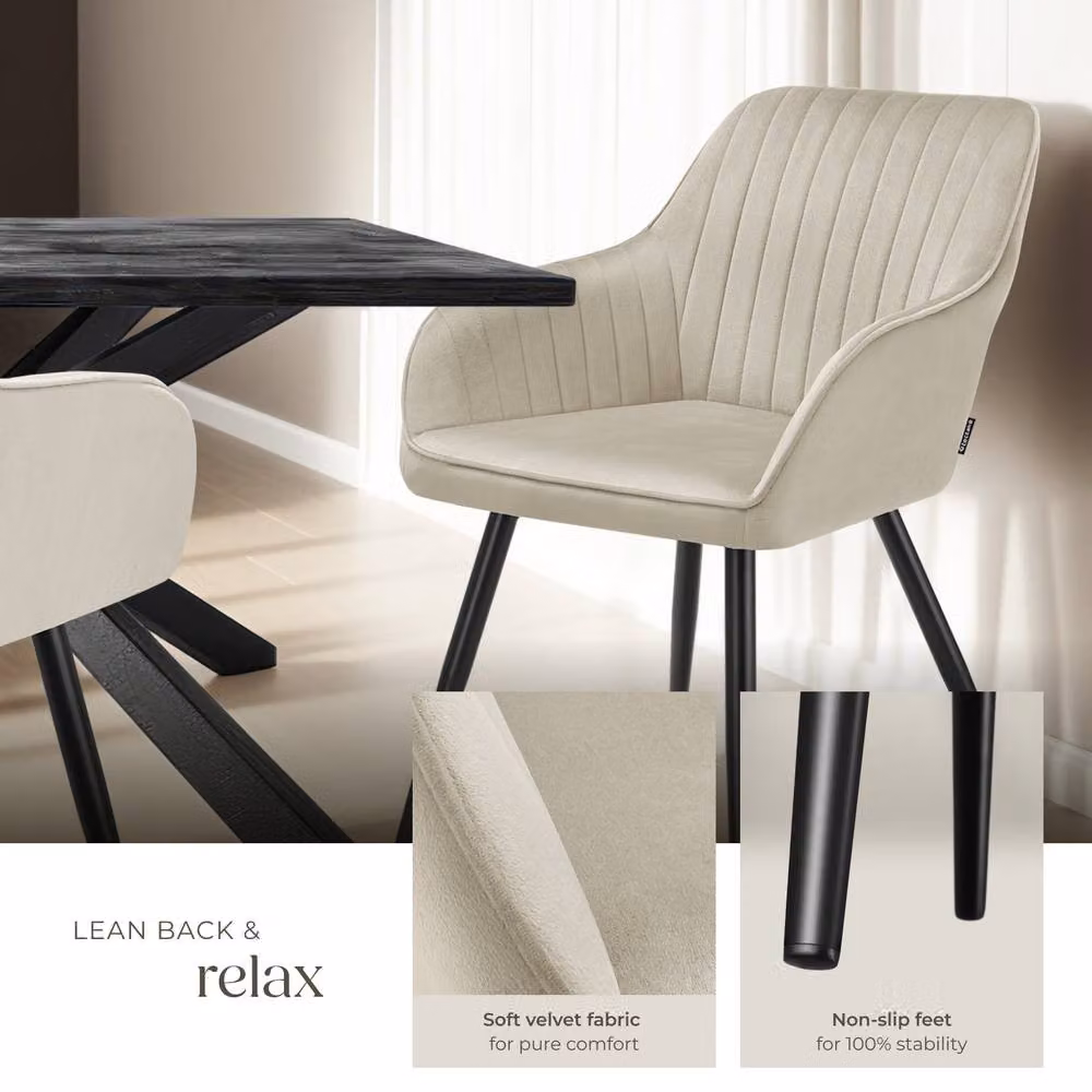 tectake Marilyn Dining Chair Set of 4 in Beige and Black with Velvet Upholstery – 3