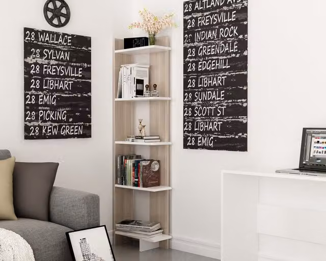 DECOROTIKA Alice 5-Tier Corner Bookshelf in White, H 170 x W 45 x D 22 cm – 3