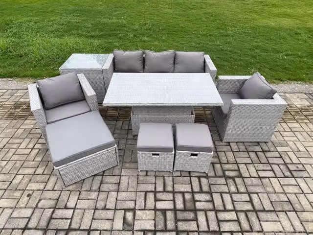 Fimous Outdoor Rattan Garden Furniture Set in Light Grey with Height Adjustable Rising Lifting Table and 2 Armchairs