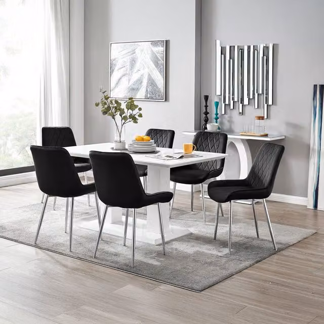 FurnitureboxUK Imperia 6-Person Dining Set with White Rectangular Table and 6 Black Pesaro Chairs with Silver Legs