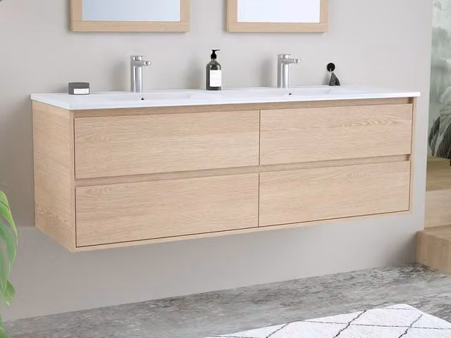 Vente-unique Wall-Mounted Bathroom Vanity with Built-In Sink in Light Oak, W: 150 cm, D: 45 cm, H: 50 cm