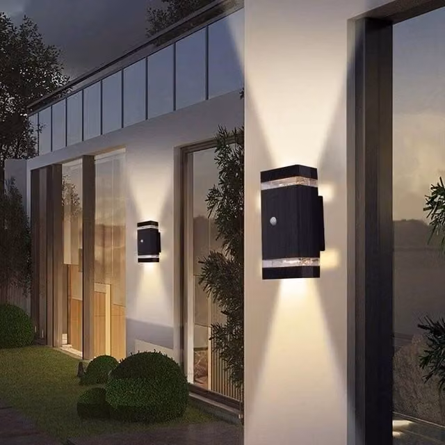 EONLION Solar LED Up and Down Wall Light in Black with Motion Sensor, Warm White, Height: 100 cm