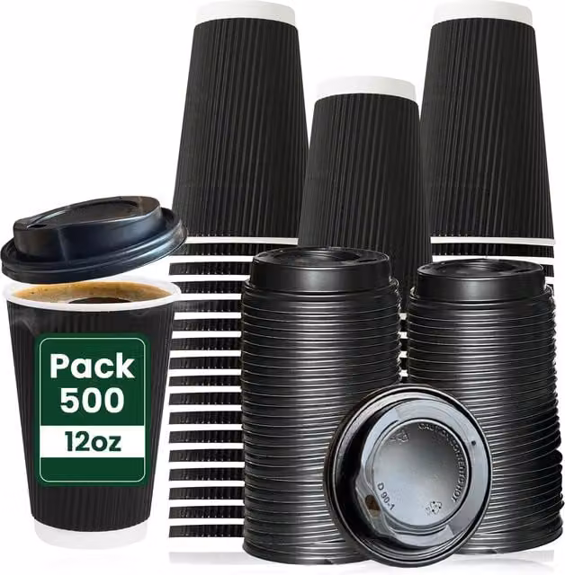 ECONX Disposable Black Paper Coffee Cups with Lids, 355 ml