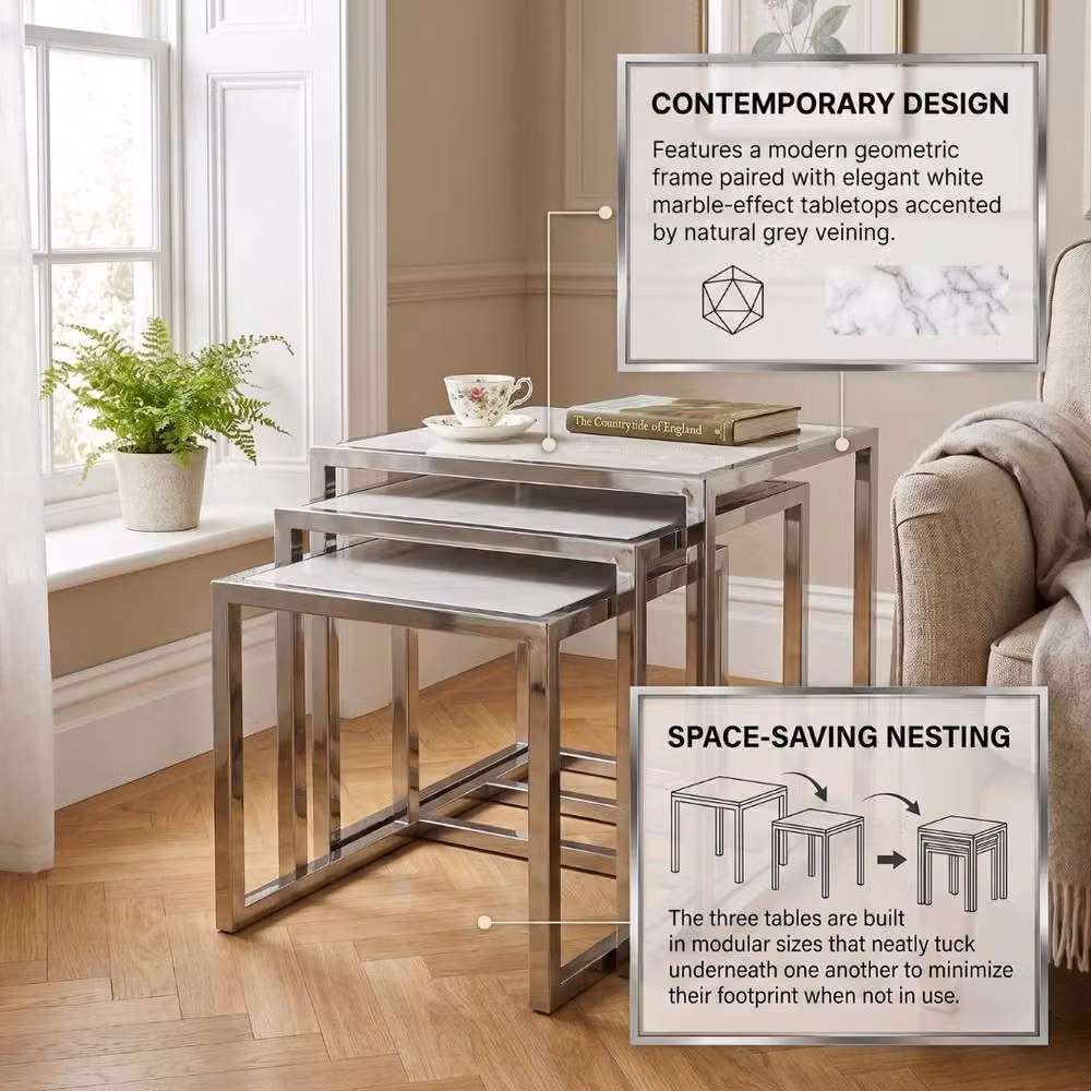 Home Luxe Interior Massa Silver Nest of 3 Modern Square Tables with White Marble Tops – 6