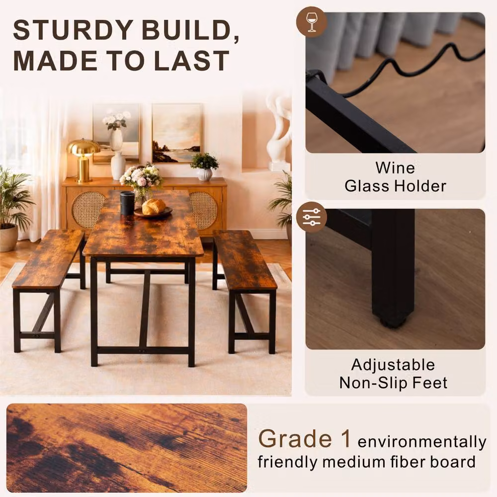 Abrihome Industrial Dining Table and Bench Set in Brown for 4 People – 4