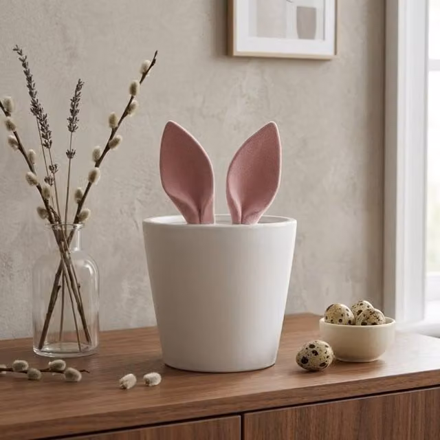 Garden Greatness Springtime Flocked Bunny Ears Planter Pot in Pink, White and Multicolour, W/D/H: 24 x 24 x 16 cm