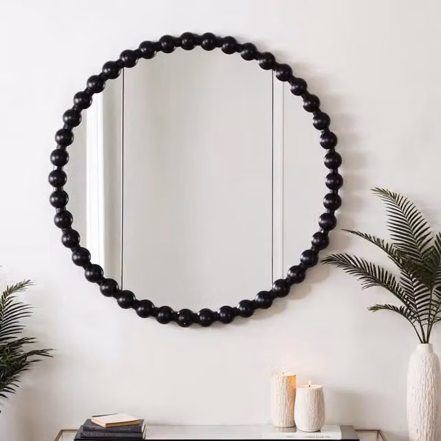 Home Garden Direct Como Large Round Beaded Wall Mirror in Black, Diameter: 90 cm