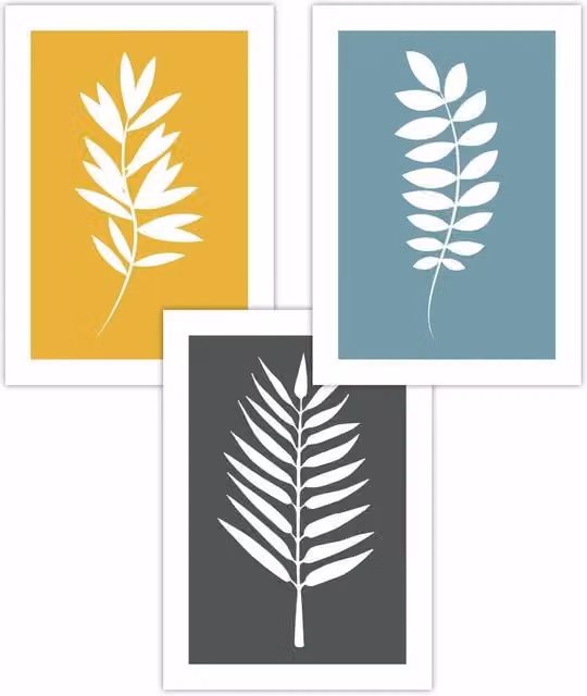 ARTZE Set of 3 Boho Botanical Graphic Leaf Art Posters in Yellow, Grey and Blue, W: 30 cm, H: 42 cm