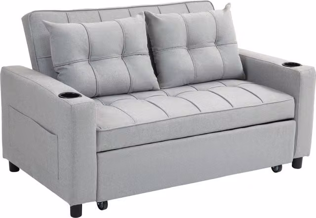 HOMCOM Two-Seater Click-Clack Pull-Out Sofa Bed with Cup Holders, Grey Fabric Upholstery and Metal Frame, 140 x 200 cm – 1
