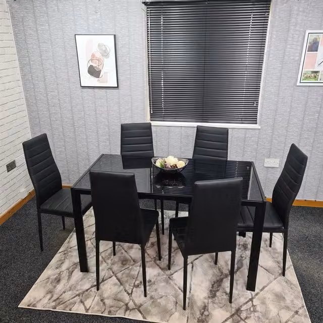 KOSY KOALA Modern Rectangular Dining Set with Black Glass Table and 6 Brown Faux Leather Chairs, W/D/H: 180 x 90 x 75 cm