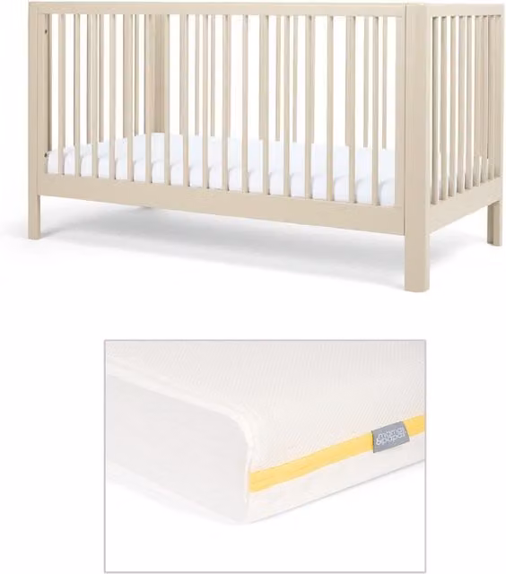 Mamas & Papas Arbor Cotbed and Essential Airflow Fibre Mattress Bundle, Beige, W/D/H: 140 x 70 x 70 cm