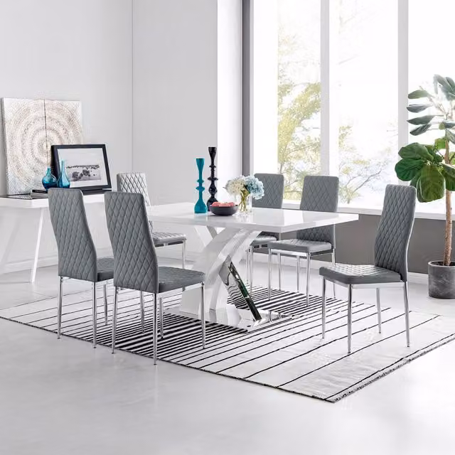 FurnitureboxUK Atlanta Modern Rectangular High Gloss White Dining Table and 6 Milan Chairs Set in Grey – 1