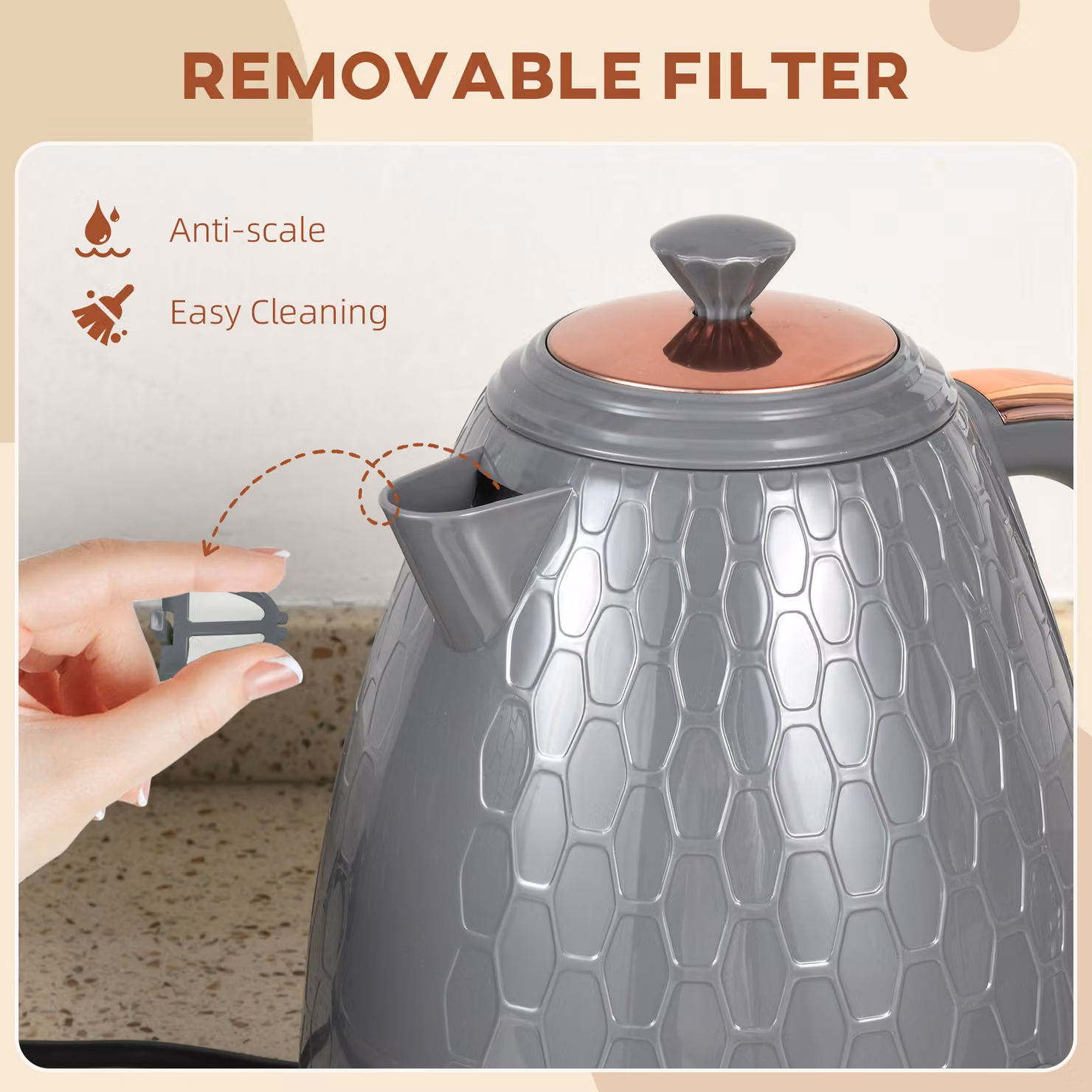 HOMCOM 3kW Rapid Boil Honeycomb Glass Kettle with Auto Shut-off and PID Control, Grey – 3