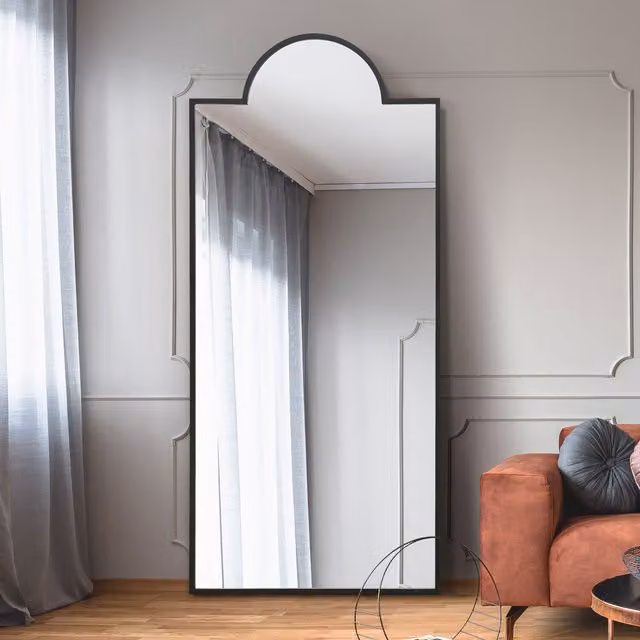 MirrorOutlet The Fenestra Crown Contemporary Wall and Leaner Mirror in Black, Height: 190 cm