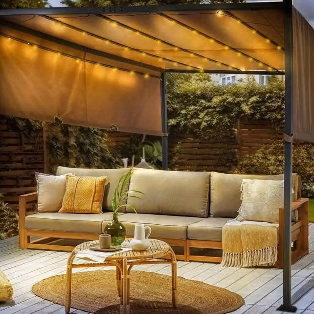 Wyld and Coco Pergola with Solar LED Lights, Brown Steel Frame, W/D/H: 310 x 310 x 215 cm