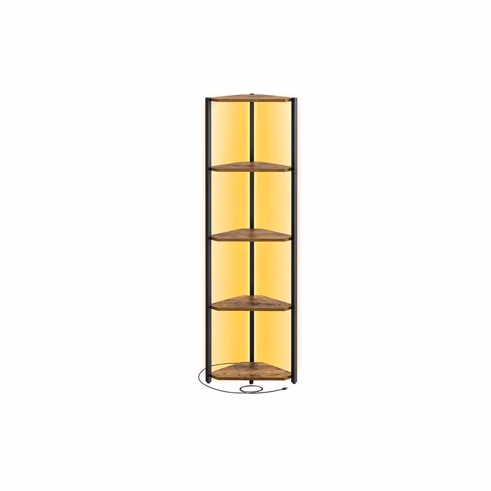 Pirlo Plush Industrial 5 Tier Free-Standing Corner Shelf with Integrated LEDs in Rustic Brown – 4