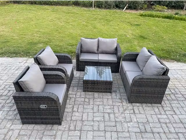 Fimous 6-Seater Rattan Garden Sofa Set with Recliners and Dark Grey Glass Coffee Table