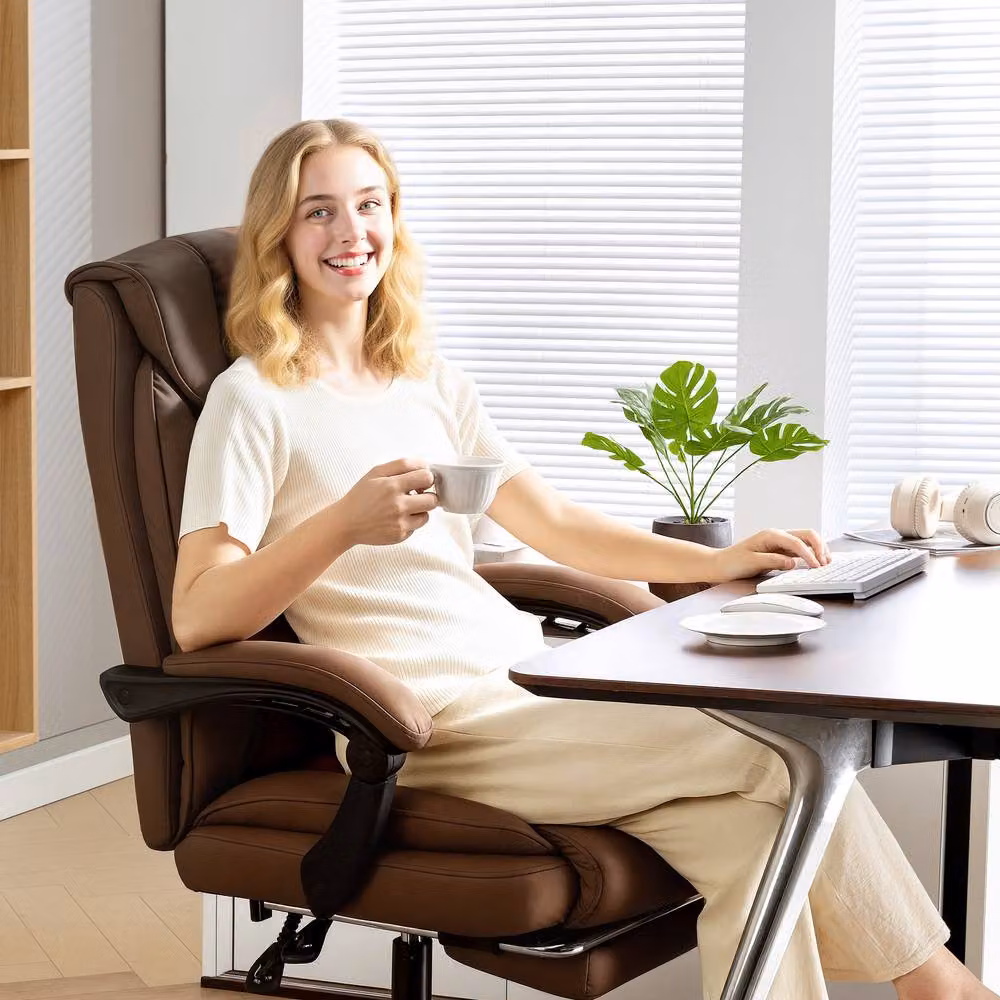 STILVORA Brown Synthetic Leather Reclining Office Task Chair with Headrest and Armrests – 8