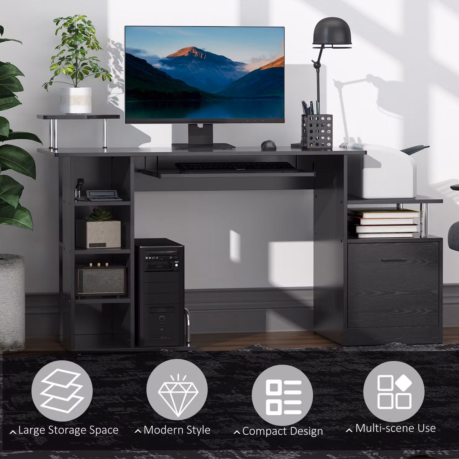 HOMCOM Black Computer Desk with Drawer and CPU Storage Rack for Home Office – 4