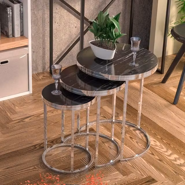 Woohoo Furniture 3 Piece Round Nest of Tables in Silver, Black and Gold