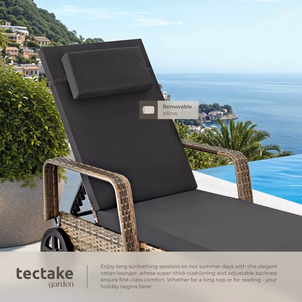 tectake Caspian 1 Seater Sun Lounger with Multicolour Weatherproof Cushions and Castors – 4