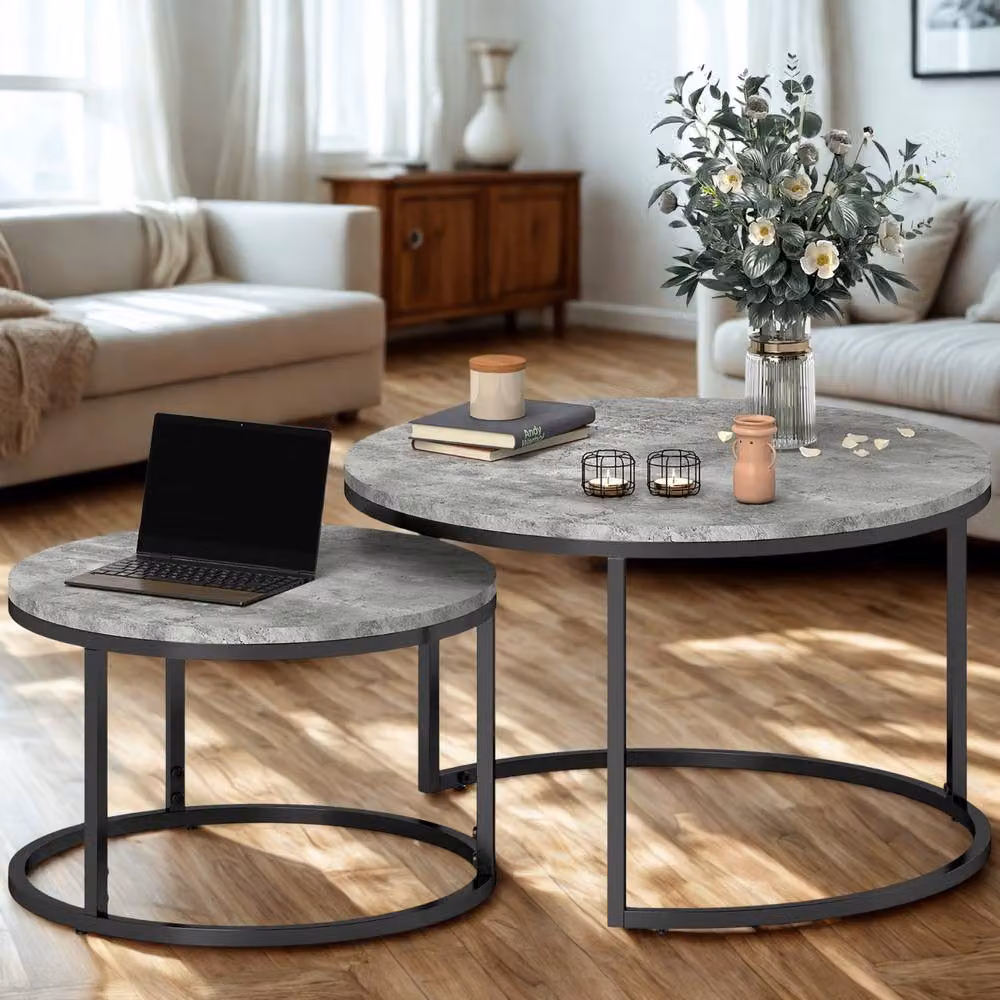 FURNOS 2-Piece Nesting Tables with Grey Faux Marble Tops and Black Metal Bases – 3