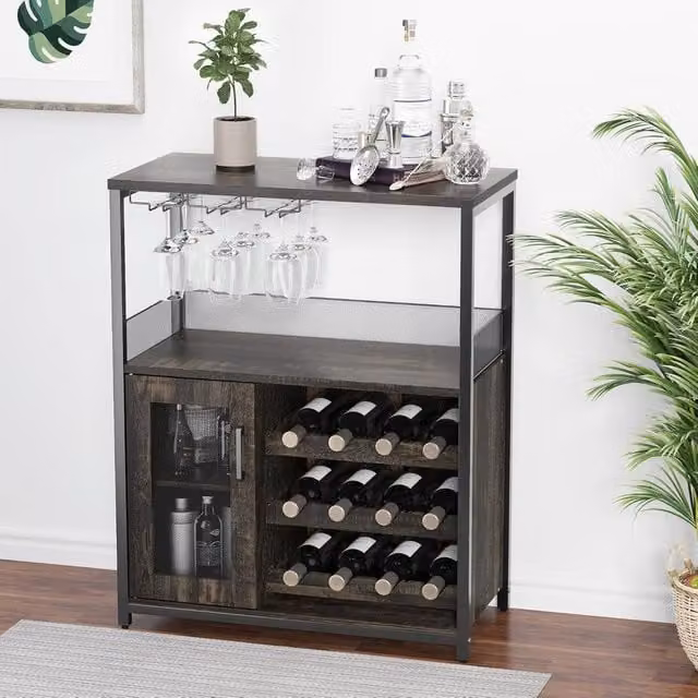 London Boutique 3-Tier Wine Bar Cabinet and Sideboard with Glass Holder in Dark Grey