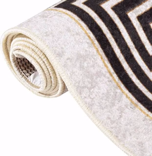 Berkfield Home Washable Round Art Deco Rug in Beige with Anti Slip and Sound Absorbing Properties, W: 150 cm – 1