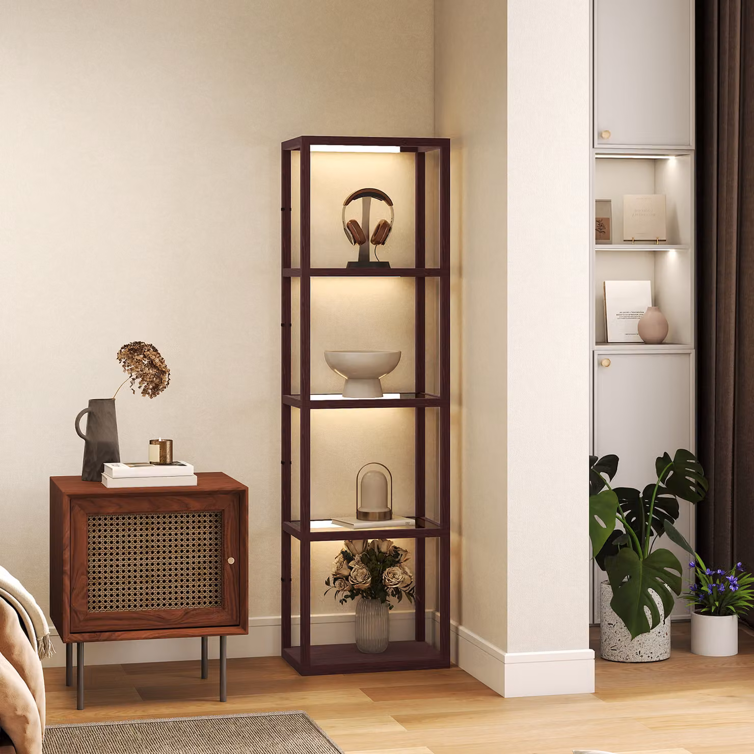 HOMCOM Dimmable LED Floor Lamp with 4 Glass Shelves in Dark Brown – 6