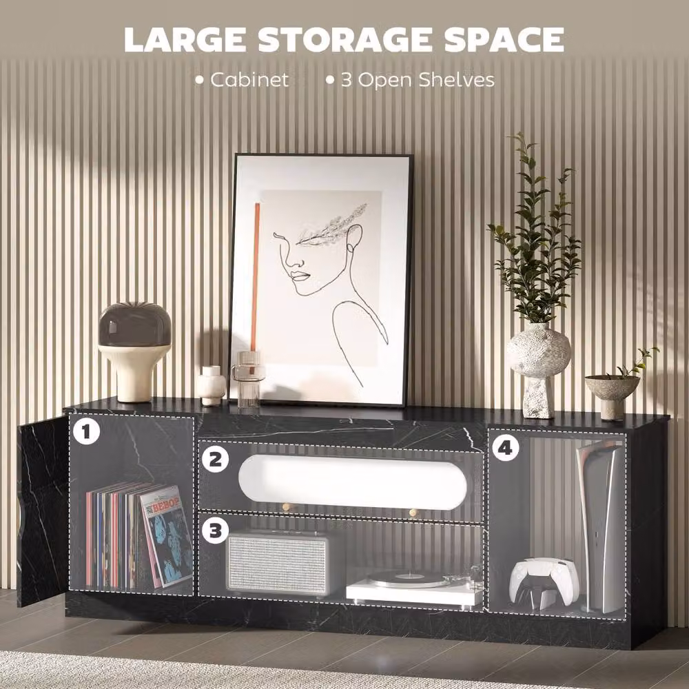 Wyld Haus Avadell Black Marble Effect TV Unit with Glass Shelf, W: 148 cm, D: 52.6 cm, H: 35 cm – 6