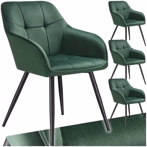 tectake Marilyn Set of 4 Modern Dining Chairs with Velvet Fabric and Geometric Pattern in Dark Green and Black – 1