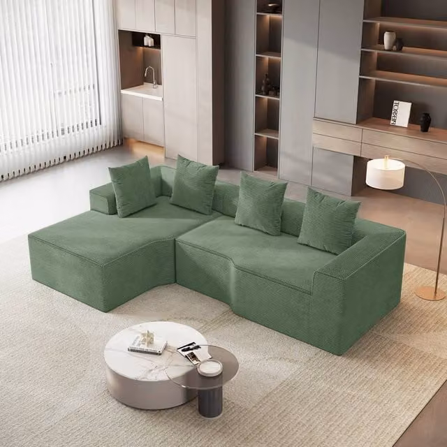 Dprodo Green Corduroy Left L-Shaped Modular Sofa with Scatter Cushions, Width: 320 cm