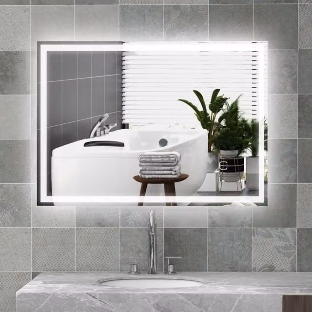 HOMCOM Silver Bathroom Illuminated Mirror with 3 Colour LED Lights and Defogging Film – 1