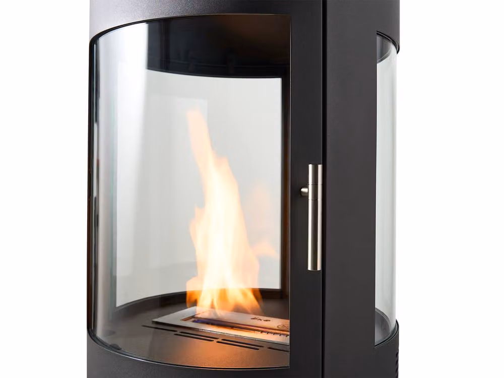 OKO S7 Bio Ethanol Panoramic Stove with Log Storage and Extra Tall Metal Pipe in Dark Grey – 9
