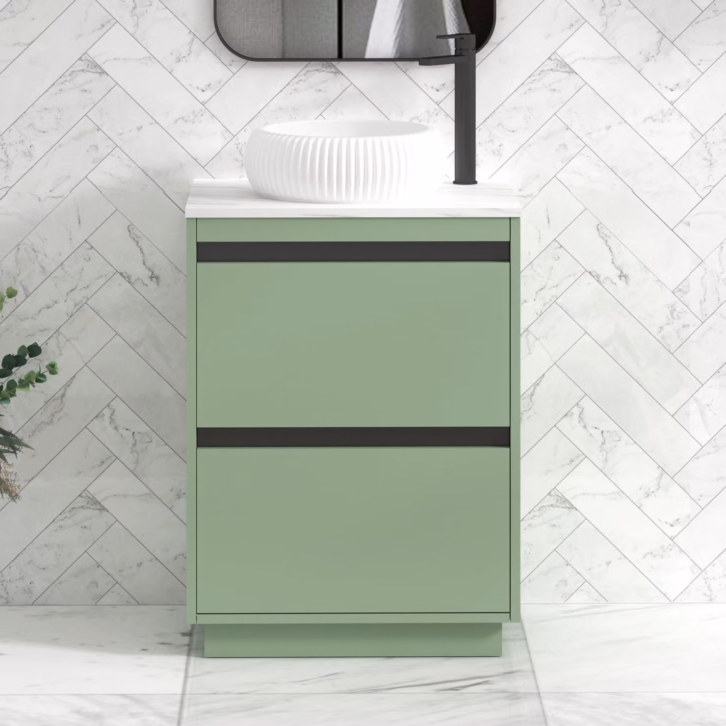Royal Bathrooms Orion 600mm Mint Sage Floor Standing Vanity Unit with Milan Basin and Black Accent Trim
