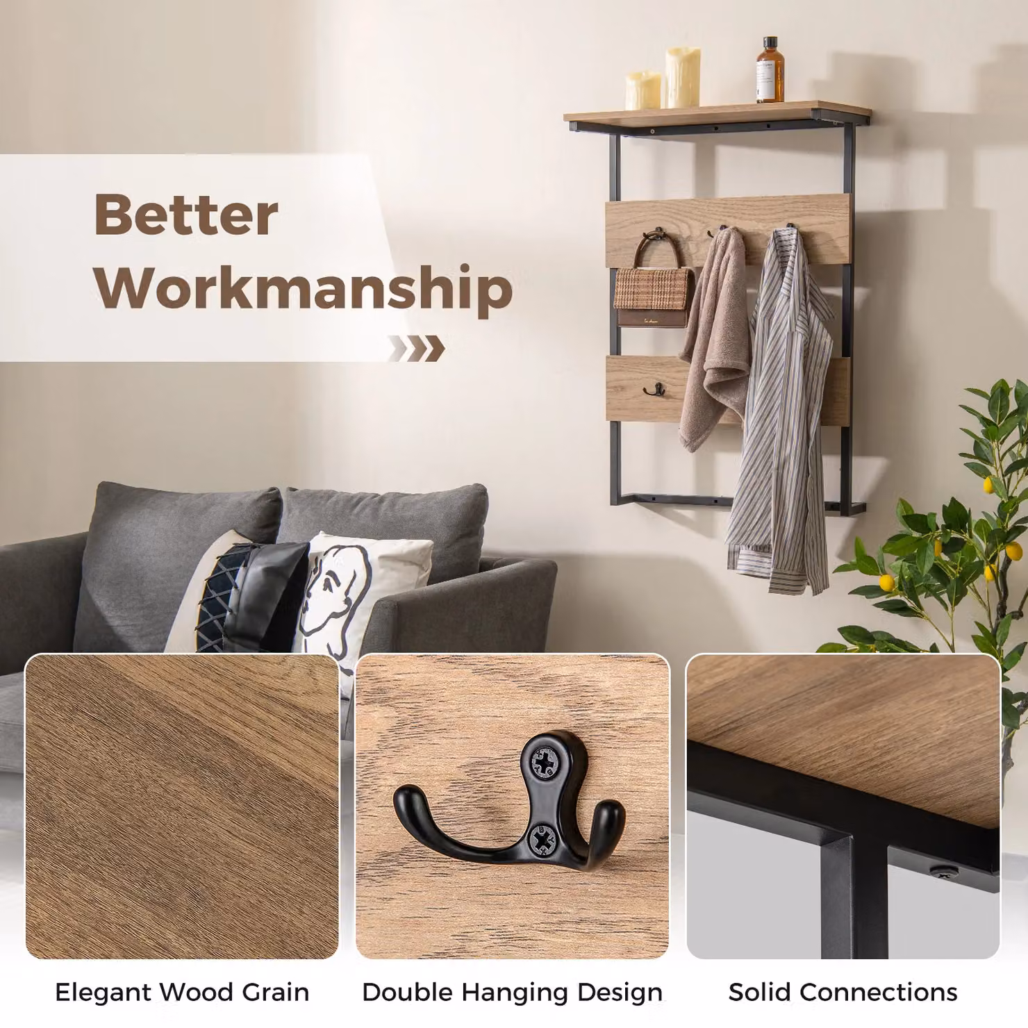 Costway Natural Wooden Wall Mounted Entryway Coat Rack and Shelf with Metal Hooks – 5