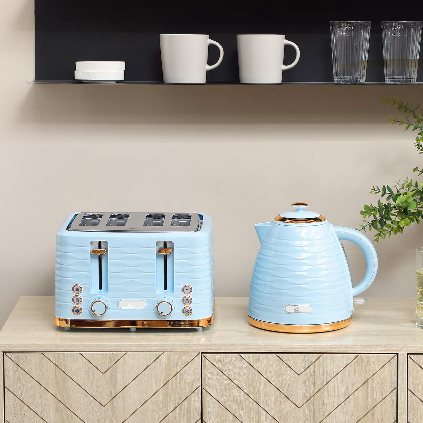 HOMCOM Kettle and 4 Slice Toaster Set, 3000W, 1.7L, Light Blue – 2