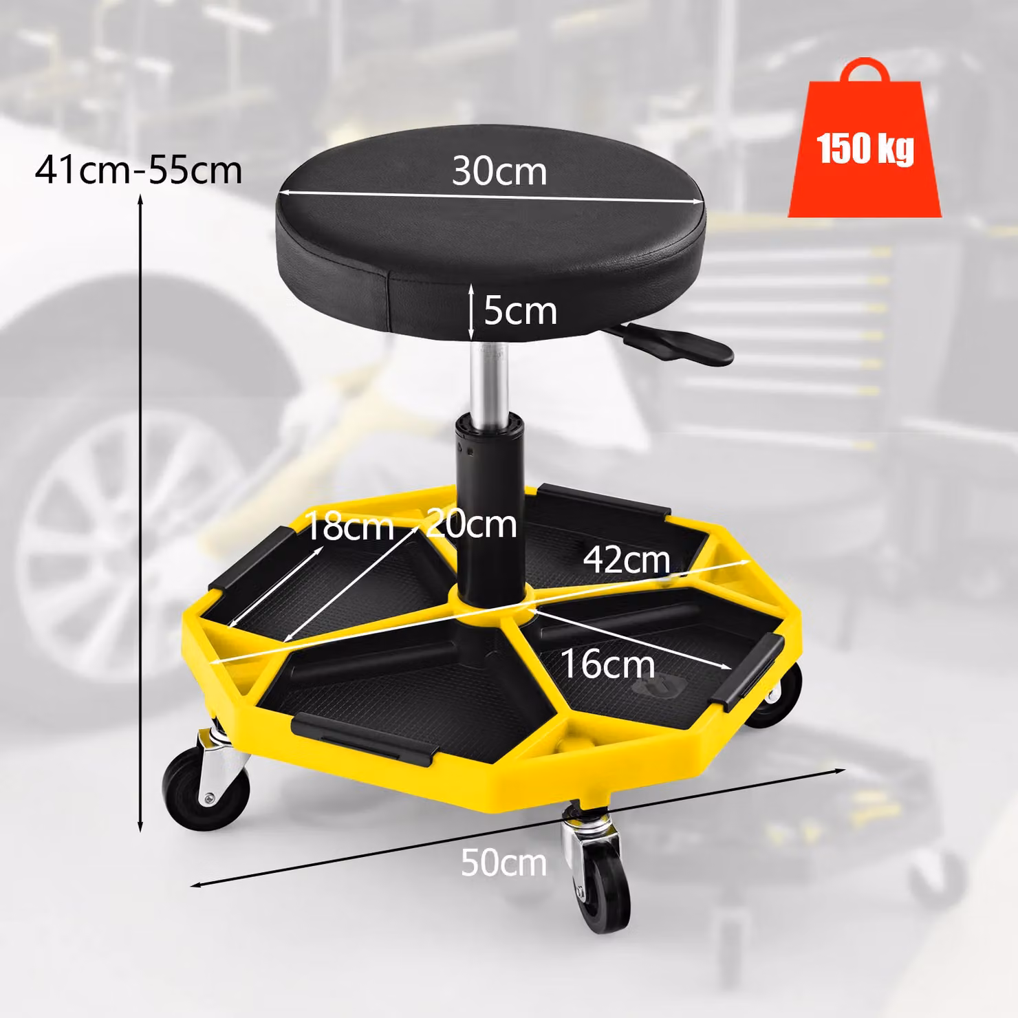 Gymax Yellow Pneumatic Rolling Garage Stool with Padded Seat and Tool Tray, 150 kg Capacity – 3