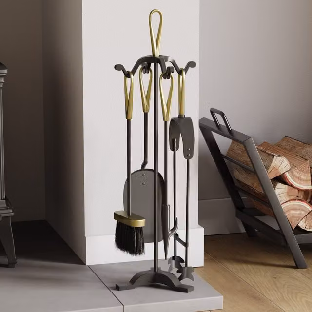 Home Discount Fire Vida 5 Piece Buxton Companion Set Fireplace Tools in Metallic Gold – 1